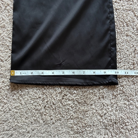 Vici Black Satin 2 Piece Set with Feather Cuff Tie-Front Top Wide Leg Pants S - Picture 12 of 13